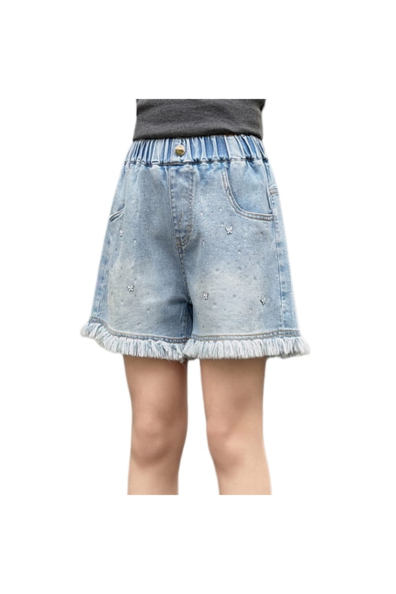 Toddler Girls Jean Shorts Ripped Raw Hem Rhinestone Butterfly Denim Shorts Summer Elastic Waist Loose Cowboy Shorts