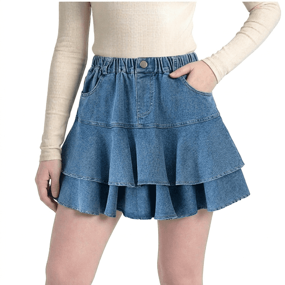 Ruyang Toddler Girls Jean Skorts Ruffle Elastic High Waist Pockets Mini Denim Skirts Summer Fashion Casual Versatile Skirts