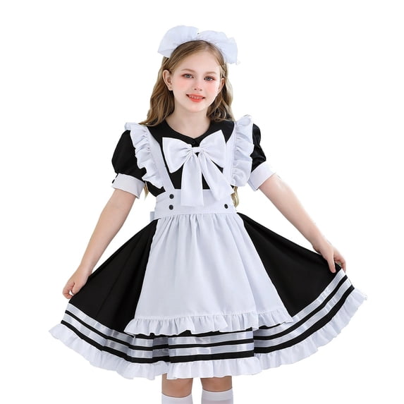 Ruyang Toddler Girls Lolita Dress Short Puff Sleeve Ruffle Hem A Line Skirt with Bow and Headwear Set for Birthday Party Stage Performance