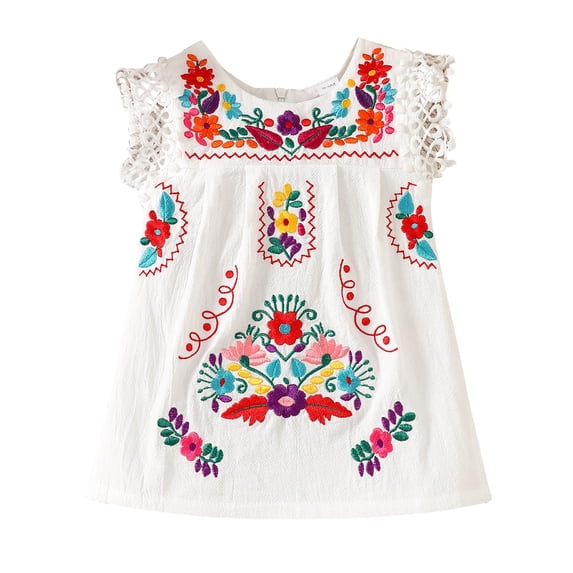 Ruyang Toddler Girls Mexican Embroidered Dresses Pleated Lace Trim Square Neck Dresses Summer Breathable Cute Sundress
