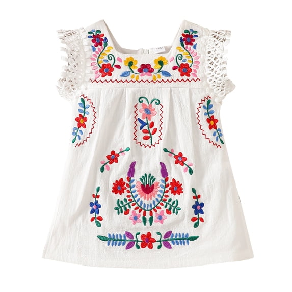 Ruyang Toddler Girls Mexican Embroidered Dresses Pleated Lace Trim Square Neck Dresses Summer Breathable Cute Sundress