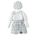 thumbnail image 1 of Ruyang Toddler Girls Plaid Skirt Spring Outfits Bubble Sleeve Glitter Tshirts Top Irregular Skirt with Hat Set 3Pcs, 1 of 9