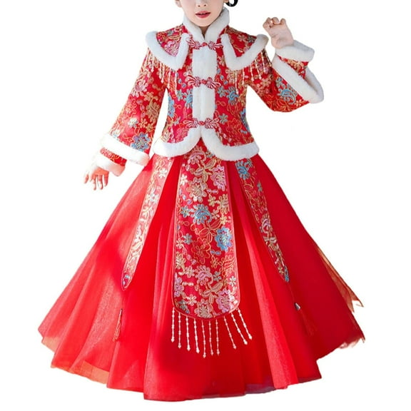 Ruyang Toddler Girls Plush Tang Suit Dresses Chinese Calendar New Year Lined Warm Dress Dragon Embroidery Tang Dress