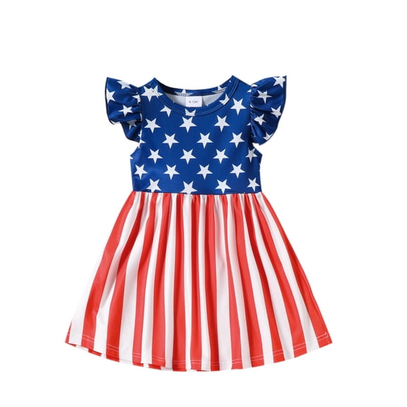 Ruyang Toddler Girls Ruffle Sleeve 4th of July Dress Baby Star Print Striped Patriotic Pleated Dresses Baby Crew Neck Skirts