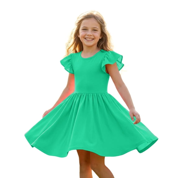 Ruyang Toddler Girls Solid Dresses Ruffle Fly Sleeve Crewneck A-line Tank Dresses Summer Casual Beach Vacation Midi Dresses