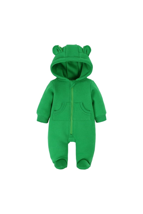 Toddler Hooded Jumpsuits Thick Warm Long Sleeve Front Zipper Plain Romper Clothes Baby Boys Girls Fall Winter Outfits