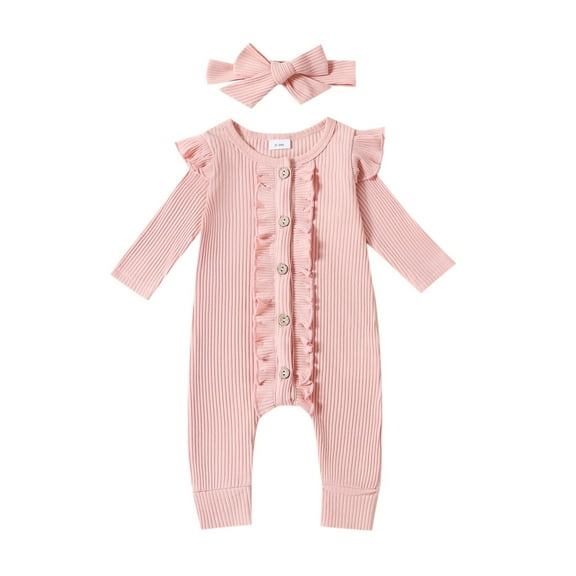Ruyang Toddler Knit Jumpsuits with Hairband Crochet Ribbed Long Sleeve Buttons Long Romper Baby Girls Fall Stretchy Clothes