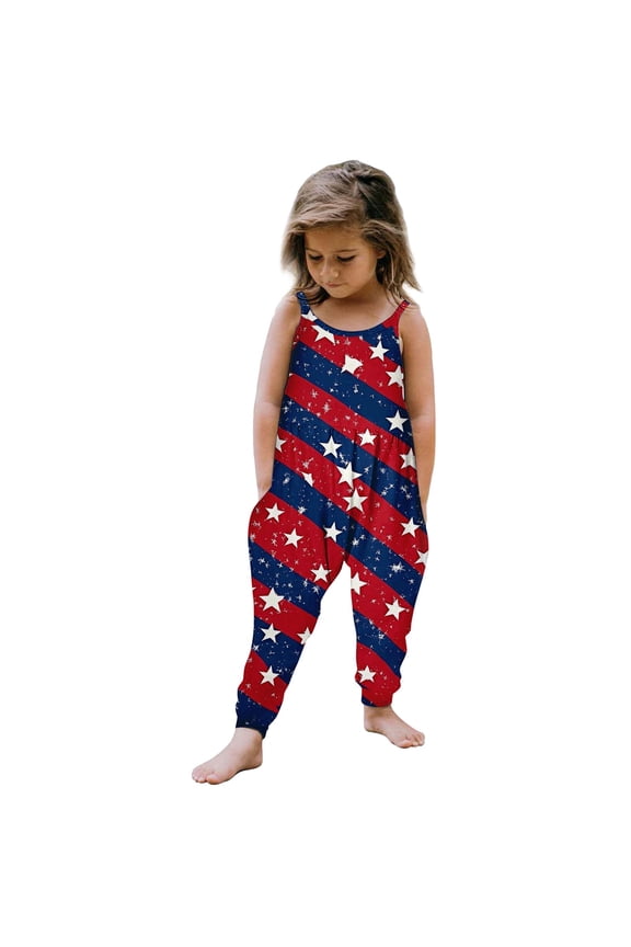 Toddler Romper Independence Day USA Clothes Baby Girls Spaghetti Straps 𝐒tars Jumpsuit Kids American Flag Summer Outfits