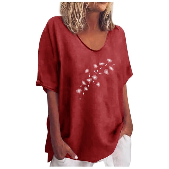 Ruyang Tops for Women 2024 Women's Floral Vintage Printed T Shirt Round Neck Casual Loose Cotton Linen Tops Women's Summer Tops