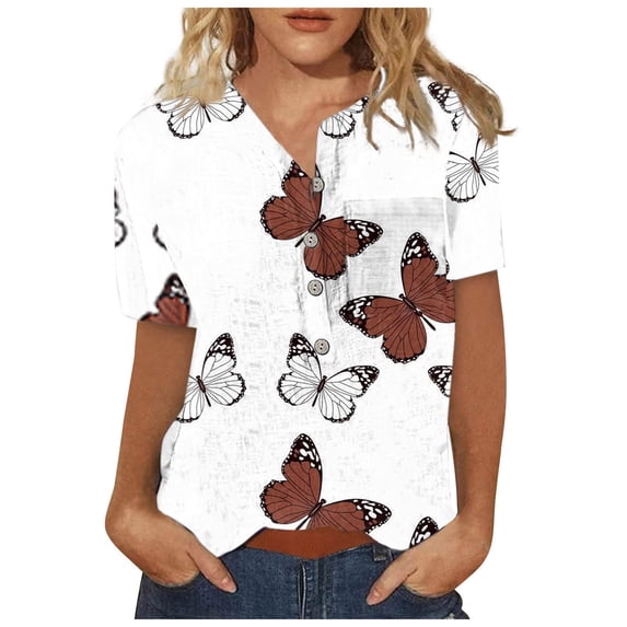 Ruyang Tops for Women, Women Summer Tops Floral Pattern Button Blouse Short Sleeve Comfy Dressy Tshirts Women T Shirt