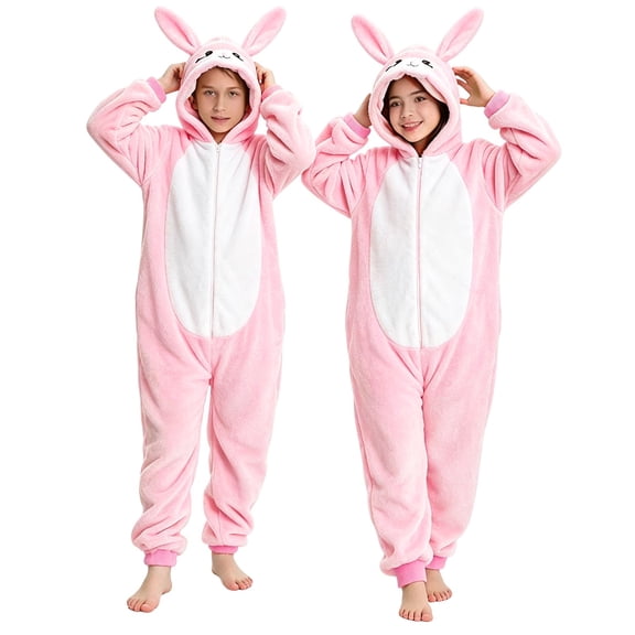 Ruyang Unisex Kids Animal Hooded Jumpsuit Bunny Flannel Long Sleeve Zipper Onesie Boys Girls Halloween Dress Up Clothes