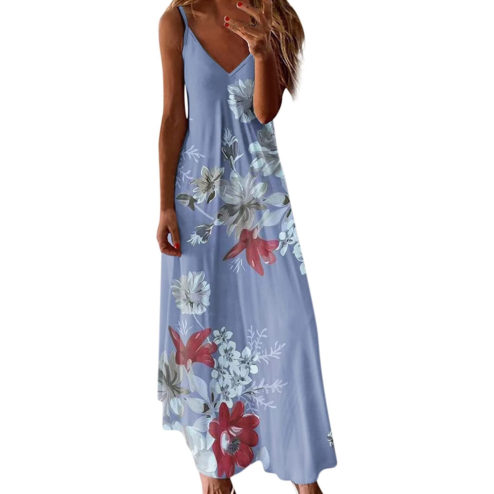 Empire Waist Maxi Women's V Neck Wrap Maxi Dress - Sleeveless Summer Beach Long  Dress With A-Line Waist Floral Print Ruffle Sleeve Midi