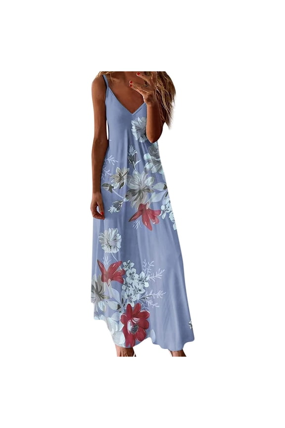 V Neck Dress 2024 Women Dresses Casual Plus Size Boho Sleeveless Floral Maxi Dresses Summer Beach Long Dress