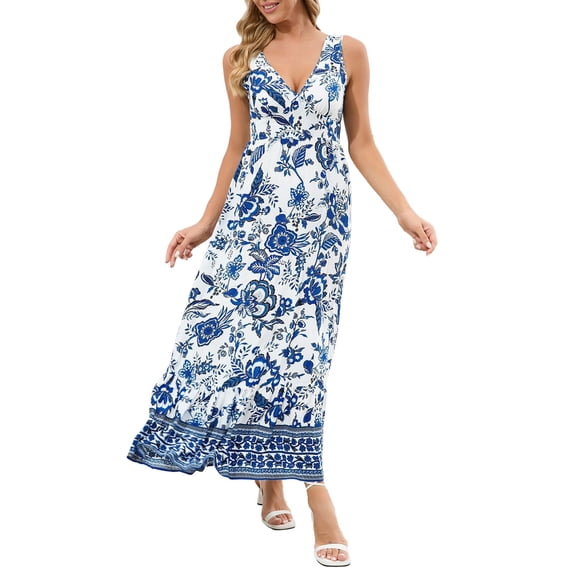 Ruyang V-Neck Floral Printed Summer A-Line Elegant Dresses Womens Vintage Sleeveless Beach Sundress Ladies Casual Loose Boho Dress