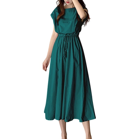 Ruyang Vintage Casual A Line Dresses Short Sleeves Loose O Neck Summer Cotton Linen Drawstring High Waisted Retro Dress Solid A Line Sundress for Women
