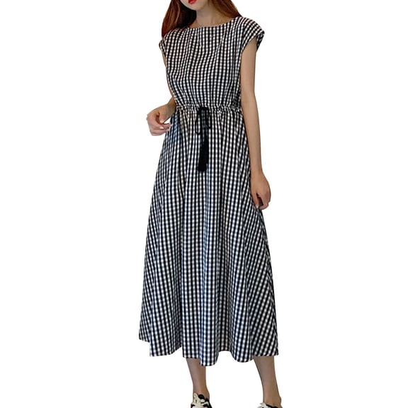 Ruyang Vintage Casual A Line Dresses Short Sleeves Loose O Neck Summer Cotton Linen Drawstring High Waisted Retro Dress Solid A Line Sundress for Women