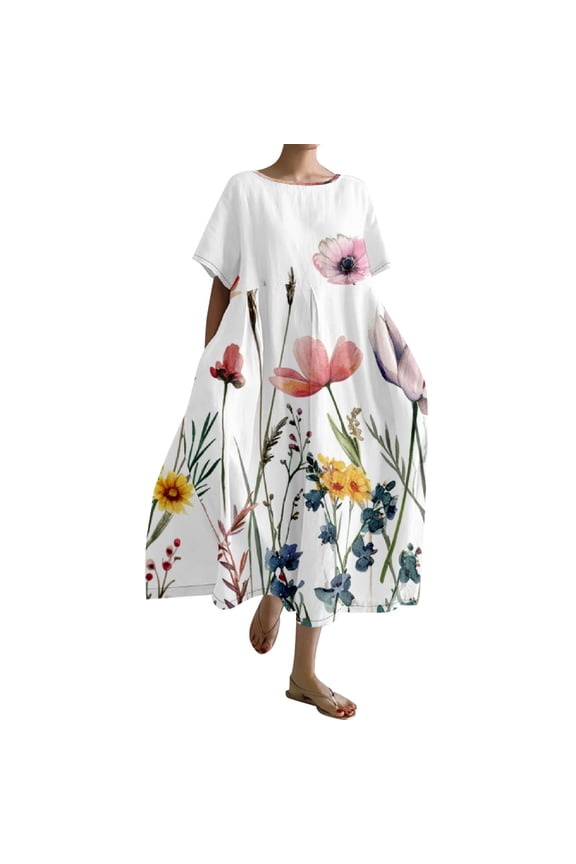 Vintage Japanese Art Dress for Women 2024 Boho Floral Print Oversized Crewneck Linen Casua Summer Dresses Women's