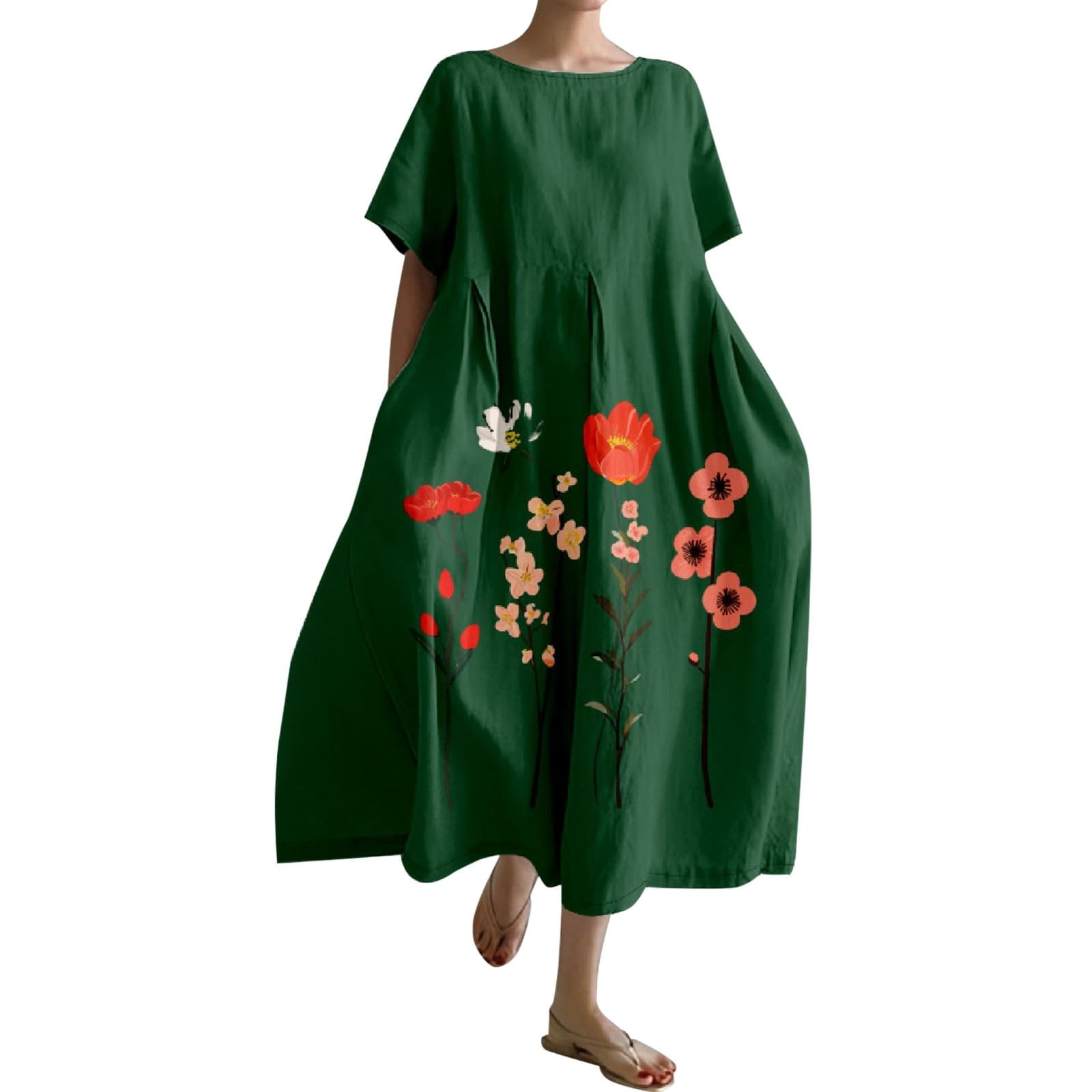Ruyang Vintage Japanese Art Dress for Women 2024 Boho Floral Print Oversized Crewneck Linen Casua Summer Dresses Women's
