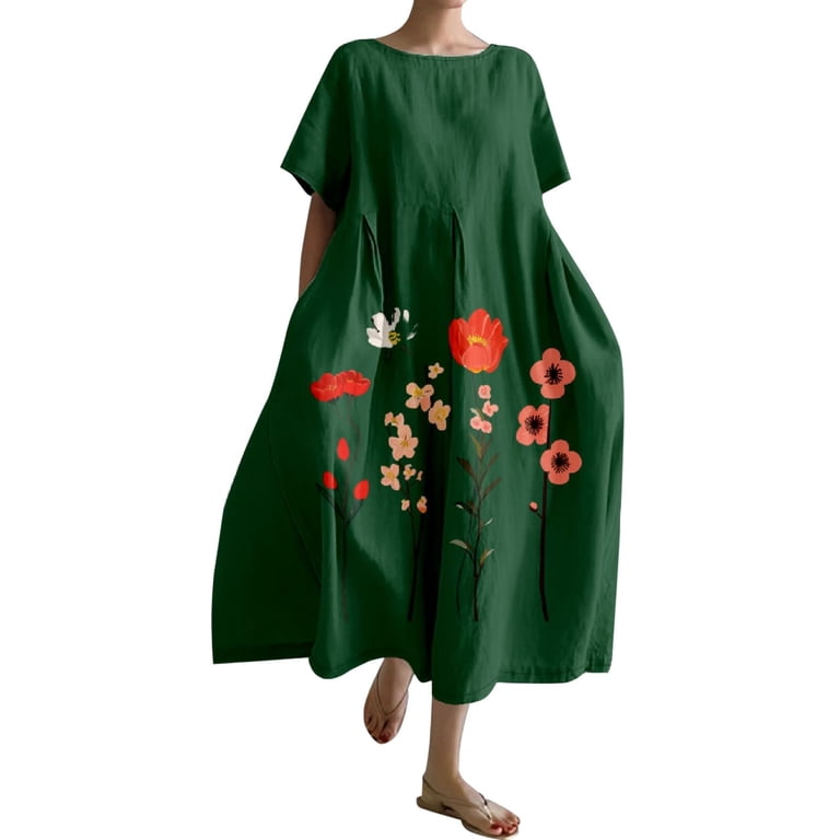 Ruyang Vintage Japanese Art Dress for Women 2024 Boho Floral Print Oversized Crewneck Linen Casua Summer Dresses Women's