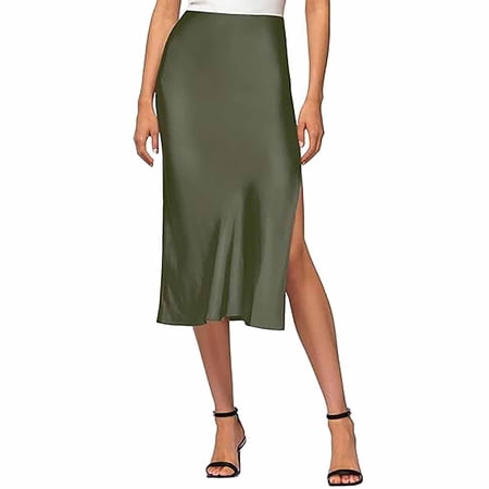Ruyang Vintage Skirt Womens Satin Silk High Waist Slit Midi Skirt Elastic Waistband Midi Skirts Elegant And Handsome Half Skirt For Women