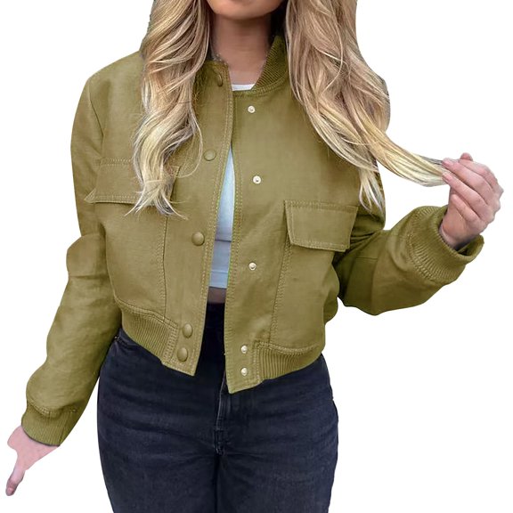 Ruyang Winter Coat for Women Womens Cropped Jacket Stand Collar Long Sleeve Zip Up Shackets Bomber Jacket Coats with Pockets