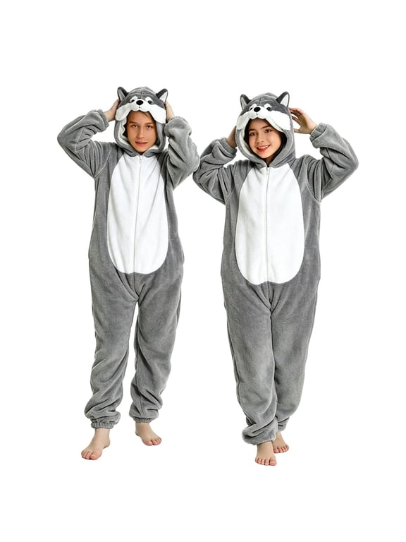 Wolf Hooded Jumpsuit for Kids Cute Animal Flannel Long Sleeve Bodysuits Fall Outdoor Activity Warm Clothes for Girls Boys