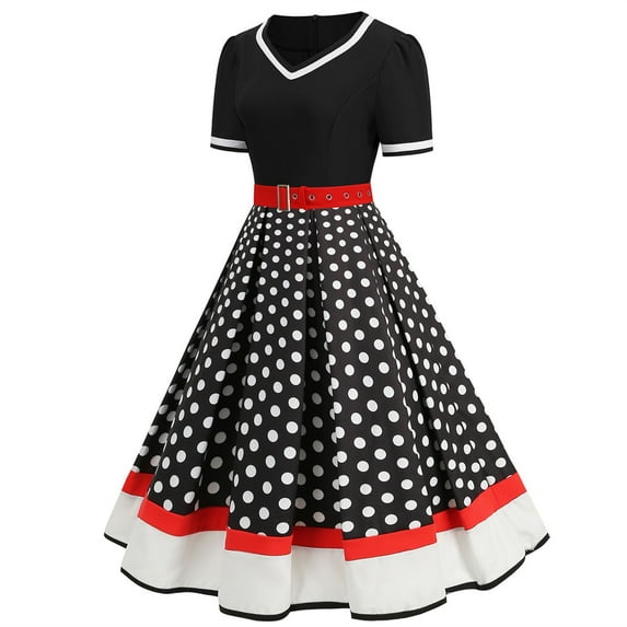 Ruyang Women Casual Dress Polka Dot Short Sleeve 1950s Housewife Evening Party Prom Dress Summer Dresses Cocktail Evening Maxi Dress