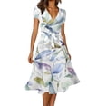 thumbnail image 1 of Ruyang Women Casual Elegant Solid Color V Neck Short Sleeve Flower Print Strap Belt Dress Short Sleeve Boho Long Dresses, 1 of 4
