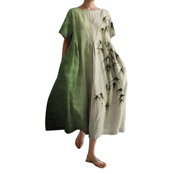 Ruyang Women Casual Loose Boho Floral Dress with Pockets Short Sleeve Long Maxi Summer Beach Swing Dress Floral Beach Dresses for Women