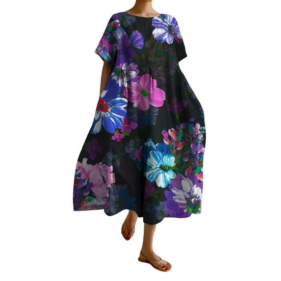 Ruyang Women Casual Loose Boho Floral Dress with Pockets Short Sleeve Long Maxi Summer Beach Swing Dress Retro Holiday Casual Dress