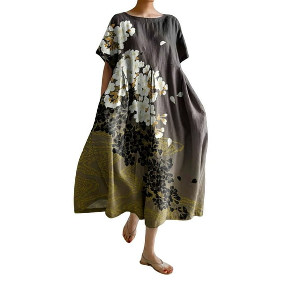 Ruyang Women Casual Loose Boho Floral Dress with Pockets Short Sleeve Long Maxi Summer Beach Swing Dress Women's Tunic Dress