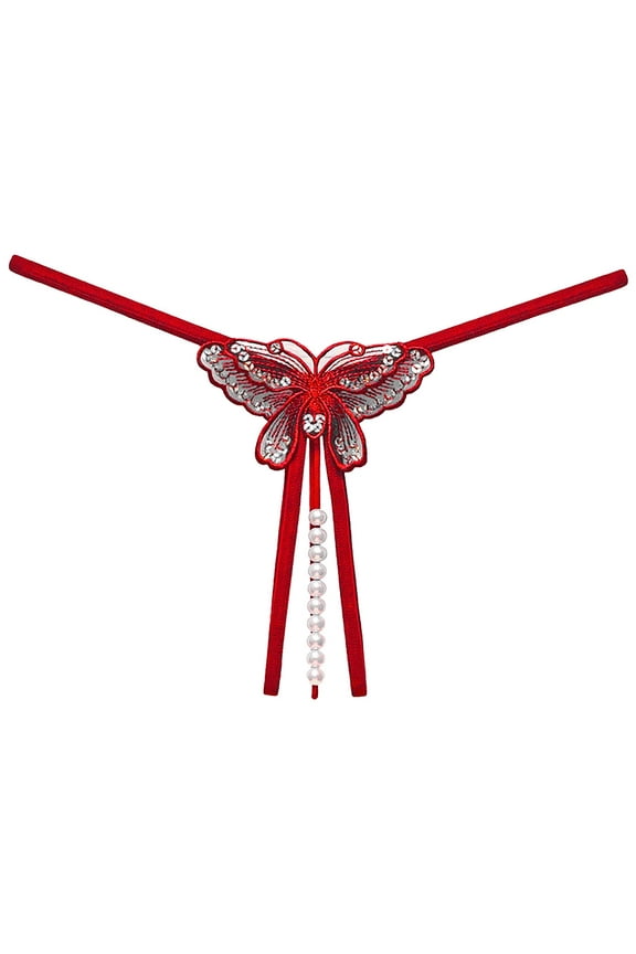 Women Embroidered Butterfly Beads Massage Thong Low Rise Open Range Sequins Underpants Matching Underwear