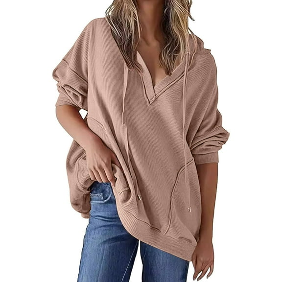 Ruyang Women Hoodies Waffle Knit Drawstring Button V Neck Sweatshirts Long Sleeve Pullover Jackets Fall Fashion 2024 Y2k Clothes