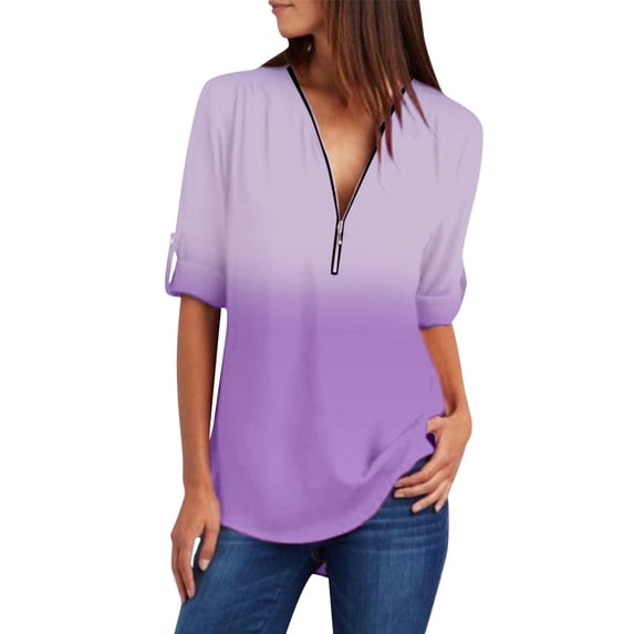 Ruyang Women Spring And Summer Casual Zipper V Neck Solid Color Long Sleeved Button Gradient Color Pull Sleeve Loose Top Womens Running Tee Shirts