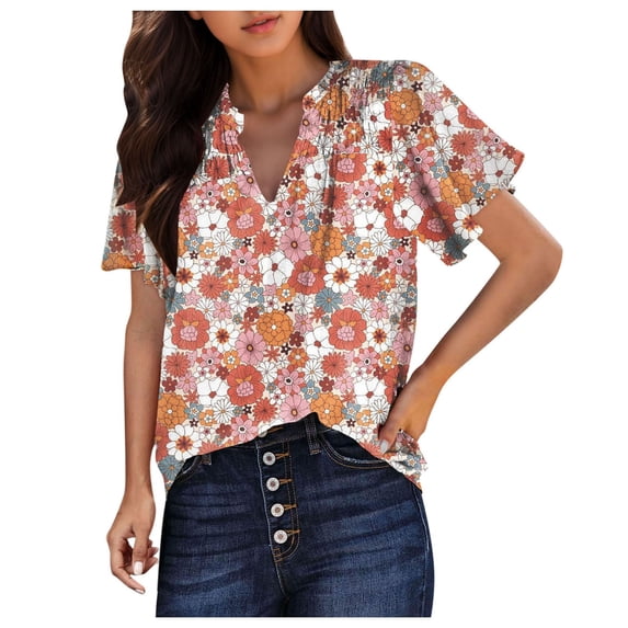 Ruyang Women Summer Tops Women's Shirts Casual V Neck Floral Print Smocked Short Sleeve Chiffon Blouses Boho Top Shirts