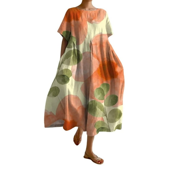 Ruyang Women Swing Casual Dress Boho Floral Dress with Pockets Short Sleeve Long Maxi Summer Beach Swing Dress A Line Dress