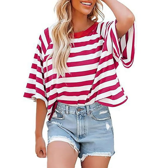 Ruyang Women's 2024 Summer Short Sleeved Striped T Shirt Short Sleeved Color Matching Design Loose Basic T Shirt Top