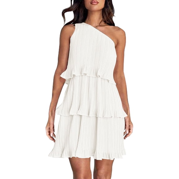 Ruyang Women's 2024 Summer Sleeveless Mini Dress Boho One Shoulder Ruffle Tiered Layered Chiffon Flowy A Line Short Sleeve Dress