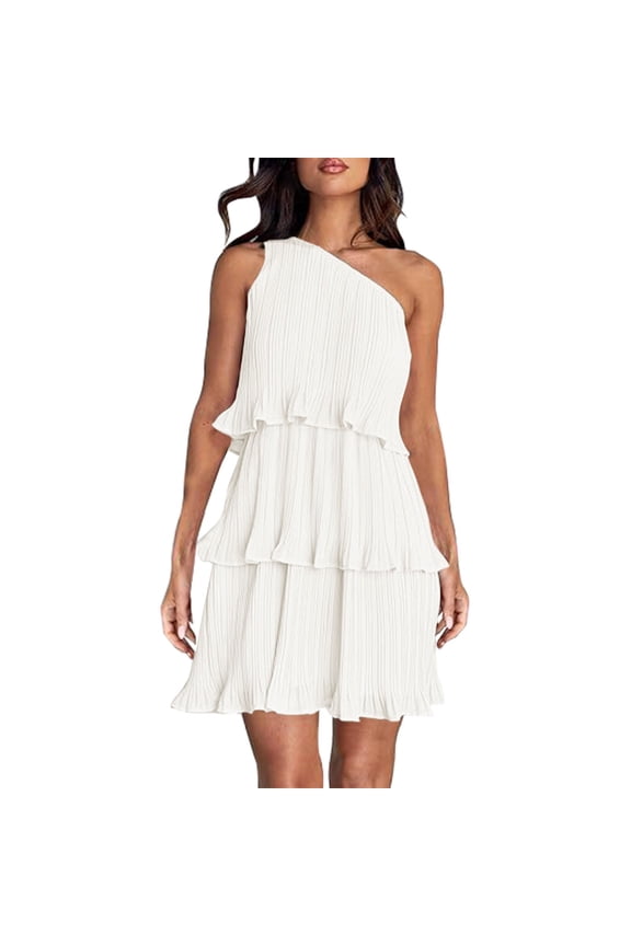Women's 2024 Summer Sleeveless Mini Dress Boho One Shoulder Ruffle Tiered Layered Chiffon Flowy A Line Short Sleeve Dress