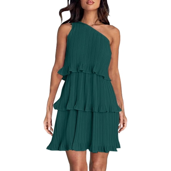 Ruyang Women's 2024 Summer Sleeveless Mini Dress Boho One Shoulder Ruffle Tiered Layered Chiffon Flowy A Line Short Sleeve Dress