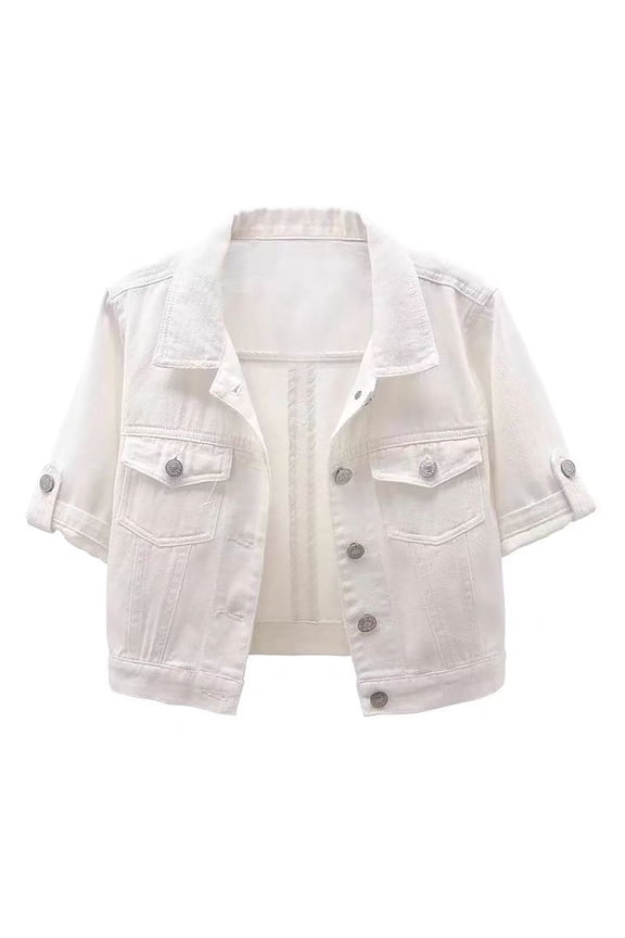 Women's 3/4 Sleeve Colored Cropped Denim Jacket Light Wash Short Jean Jacket Trucker Coat Jean Cropped Jacket