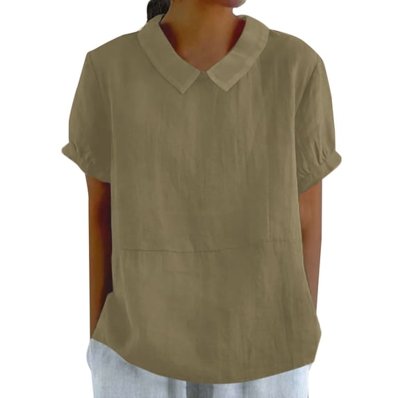 Ruyang Women's Autumn Lapel Art Solid Color Round Neck Button Loose Pullover Top Casual Shirt T Shirt Womens Short Sleeved Tops