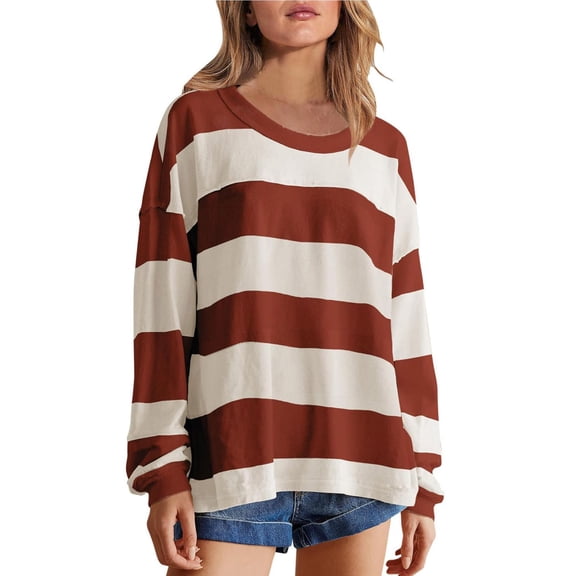 Ruyang Women's Autumn Oversized Pullover Top 2024 Casual Long Sleeved Striped Soft Shirt Sailor Collar Color Block Flowing Shirt Hoodie Cotton Soft Sweatshirts Women