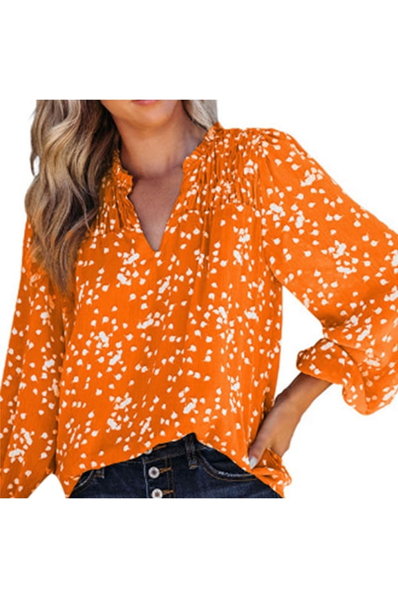 Women's Casual Boho Floral Print Chiffon Blouses Smocked V Neck Long Sleeve Loose Tops Shirts Tan Work Top Women