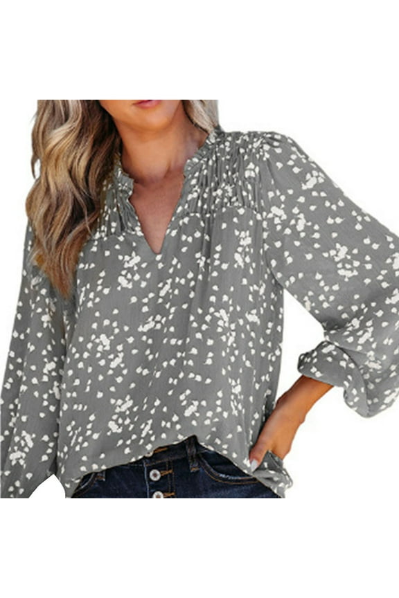 Women's Casual Boho Floral Print Chiffon Blouses Smocked V Neck Long Sleeve Loose Tops Shirts Tan Work Top Women