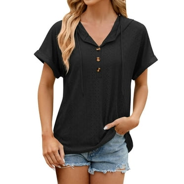 Ruyang Women's Casual Summer Hoodies Short Sleeve Drawstring Hoodies Tops Button Front V Neck Pullover T-Shirts Tops