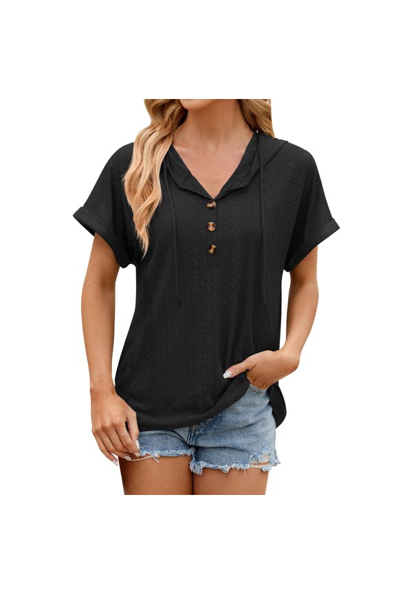 Women's Casual Summer Hoodies Short Sleeve Drawstring Hoodies Tops Button Front V Neck Pullover T-Shirts Tops