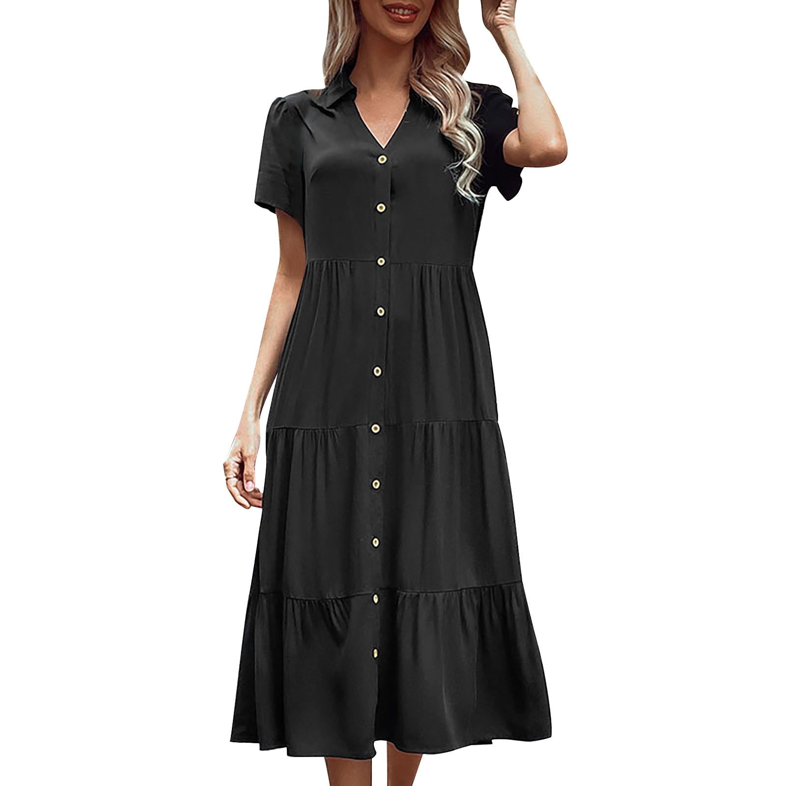 Ruyang Women's Casual V Neck Button Down Cotton Linen Dress Short ...