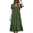 thumbnail image 1 of Ruyang Women's Casual V Neck Button Down Cotton Linen Dress Short Sleeve Midi Length Loose Summer Dresses with Pockets, 1 of 6