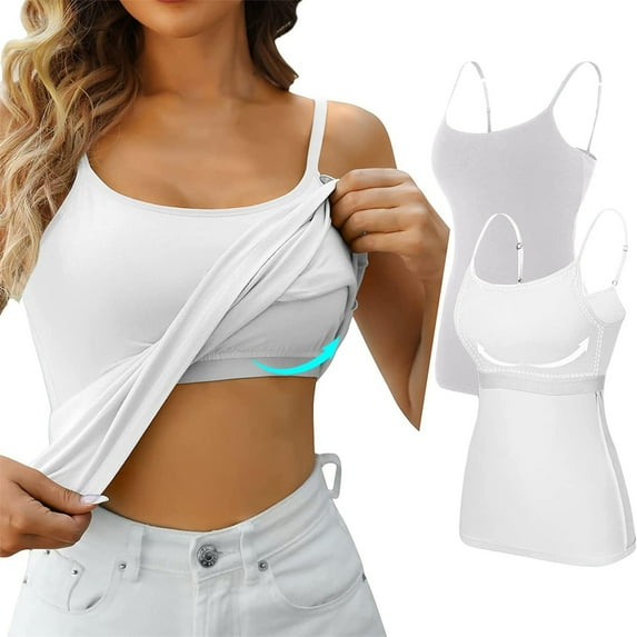 Ruyang Women's Cotton Camisole Shelf Bra Spaghetti Straps Tank Top with Built in Padded Bra Vest Sleeveless Layer Top 2 Packs